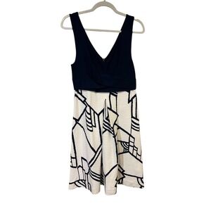 Anthropologie HD In Paris Dress Fit & Flare Geometric Print Navy White‎